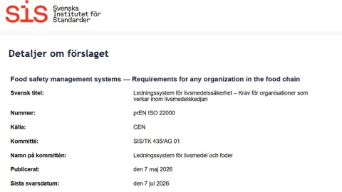 Sweden Invites Comments on ISO 22000 Revision