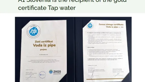 A1 Slovenija Receives Gold Certificate for Tap Water Initiative
