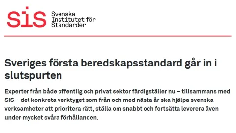 Sweden’s First Preparedness Standard SS 22306 Enters Final Stage