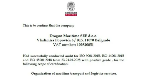 Dragon Maritime Group Earns ISO Certifications for Quality, Environment, and Safety