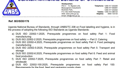 Uganda Moves to Adopt Seven ISO 22002:2025 Standards for Food Safety Prerequisite Programs